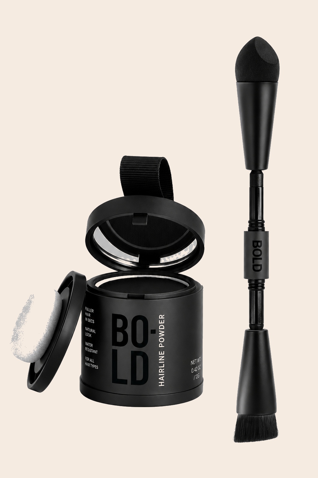 Boldify Hairline Powder compact with dual-ended precision applicator brush