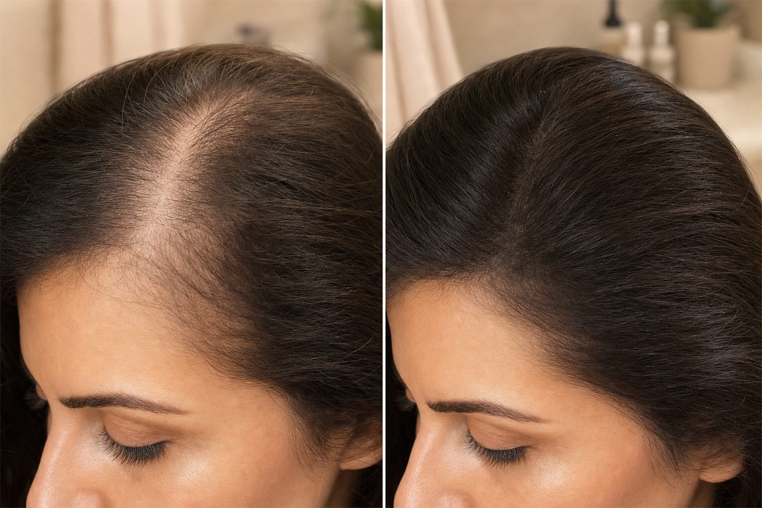 Before and after comparison showing thinning hairline vs. fuller natural coverage with Boldify